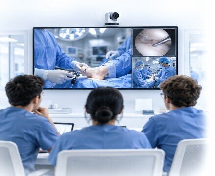 Medical students watching a live surgical procedure on a classroom display