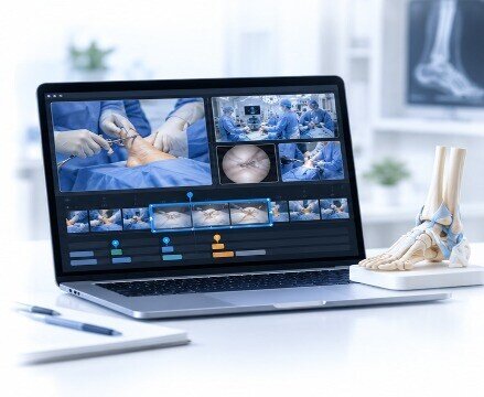 Laptop showing structured clinical teaching media next to an anatomical model